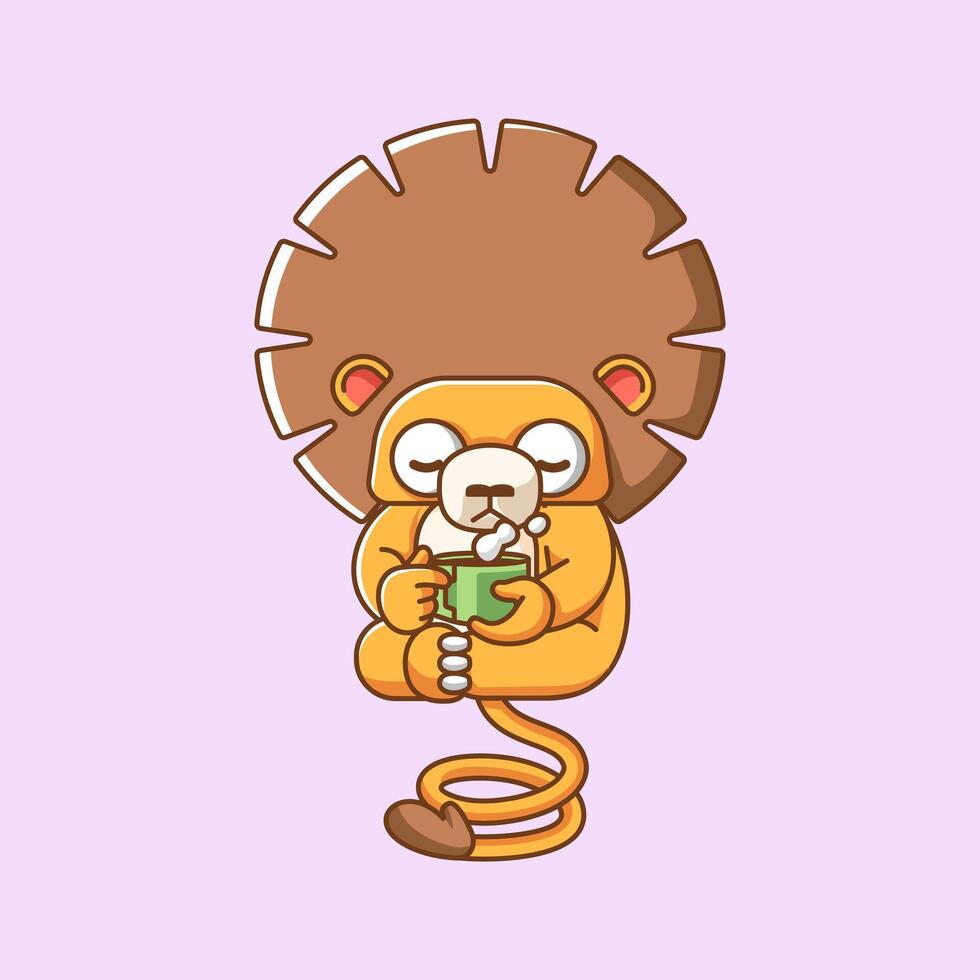 Cute lion relax with a cup of coffee cartoon animal character mascot icon flat style illustration concept vector