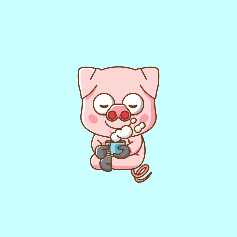 Cute pig  relax with a cup of coffee cartoon animal character mascot icon flat style illustration concept vector