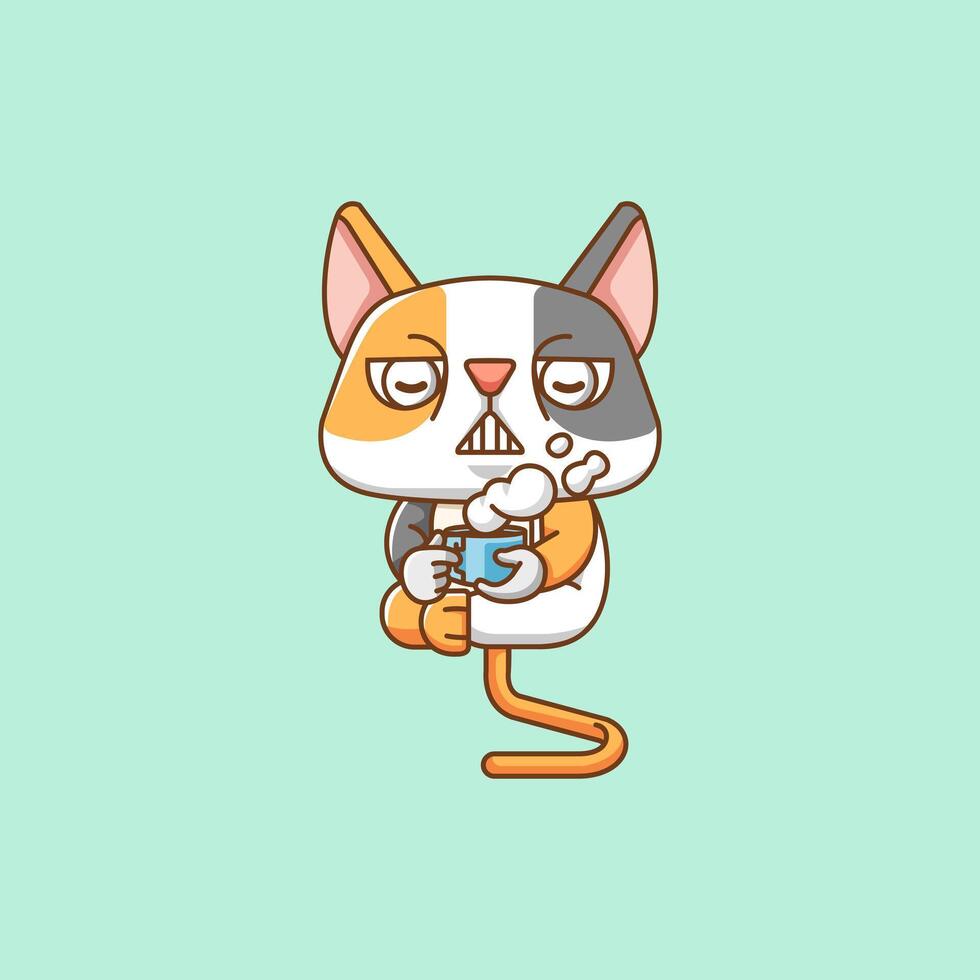 Cute cat relax with a cup of coffee cartoon animal character mascot icon flat style illustration concept vector