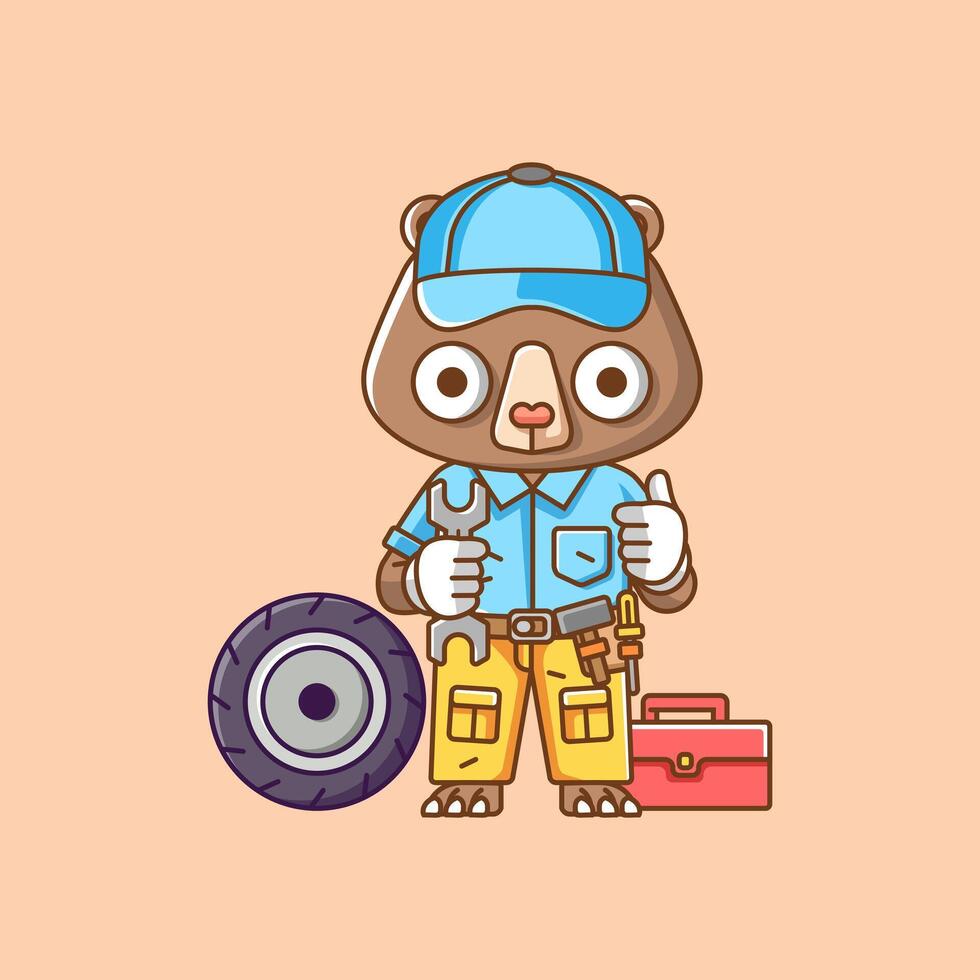 Cute bear mechanic with tool at workshop cartoon animal character mascot icon flat style illustration concept 1 vector