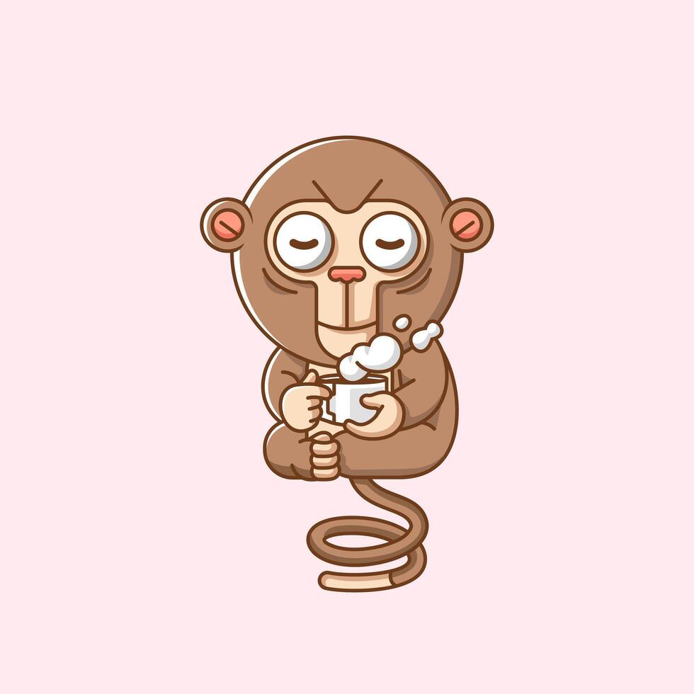 Cute monkey relax with a cup of coffee cartoon animal character mascot icon flat style illustration concept vector