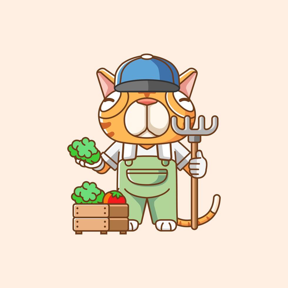 linda gato agricultores cosecha Fruta y vegetales dibujos animados animal personaje mascota icono plano estilo ilustración concepto vector