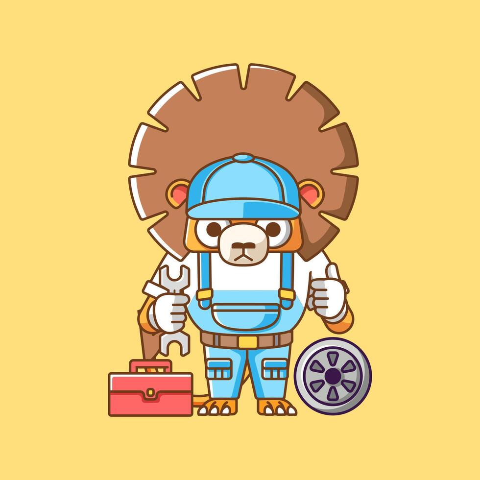 Cute lion mechanic with tool at workshop cartoon animal character mascot icon flat style illustration concept vector