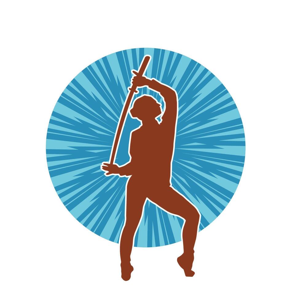 Silhouette of a female fighter in action pose carrying sword weapon. vector