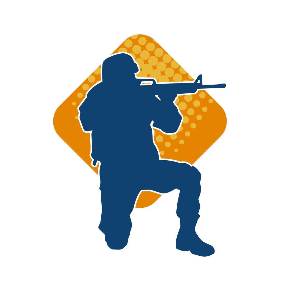 Silhouette of a male soldier carrying machine gun weapon. vector