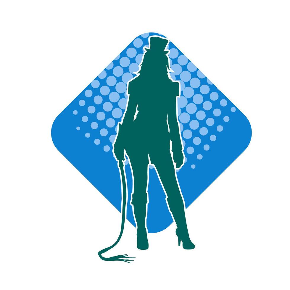 Silhouette of a slim female model wearing sexy fancy tight costume in pose carrying whip vector