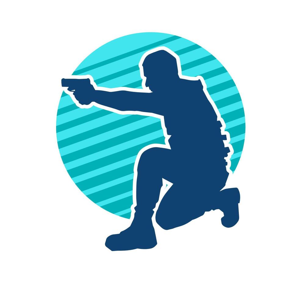 Silhouette of a male shooter wearing bulletproof vest in action pose using hand gun weapon vector