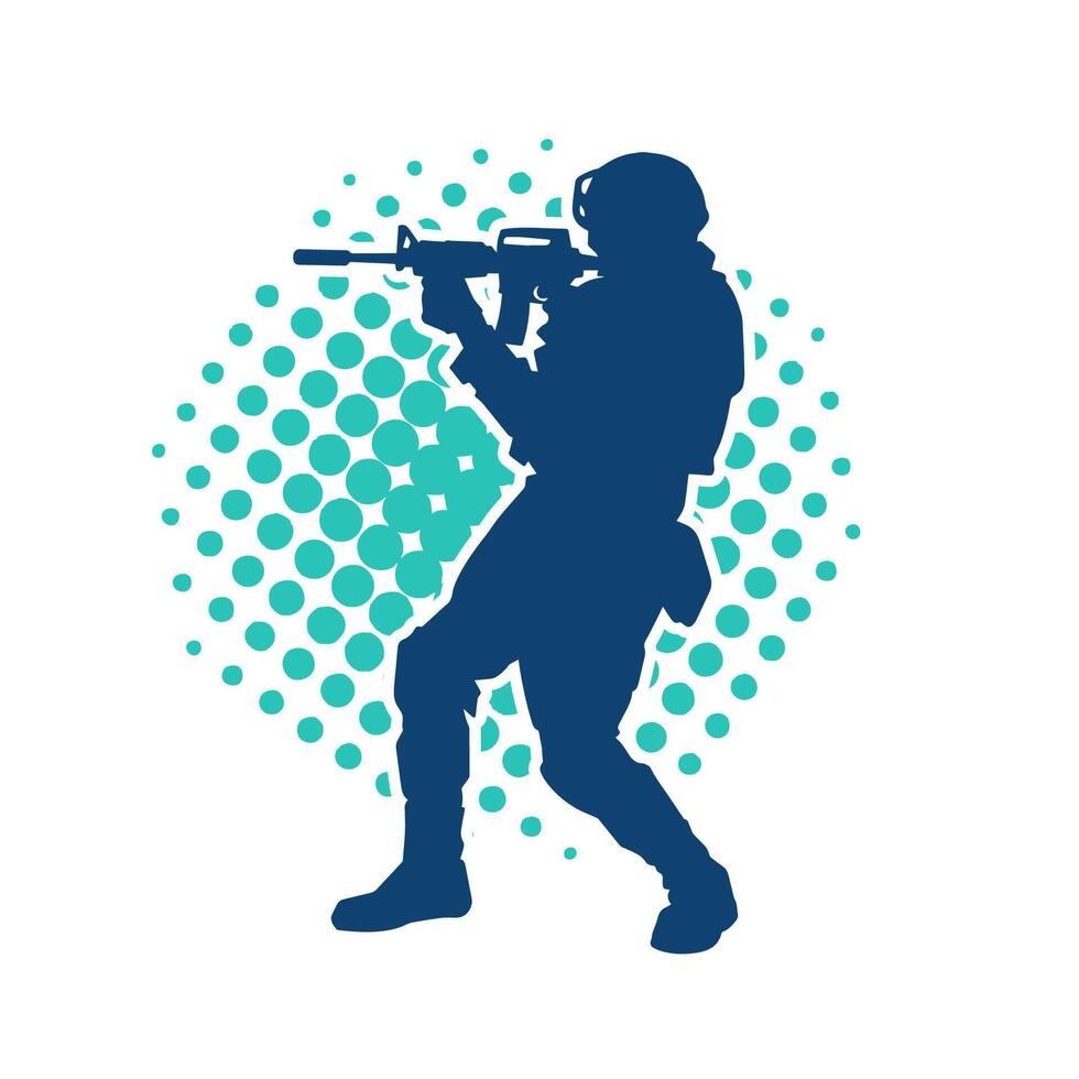 Silhouette of a male soldier carrying machine gun weapon. Silhouette of a sniper shooter in action. vector