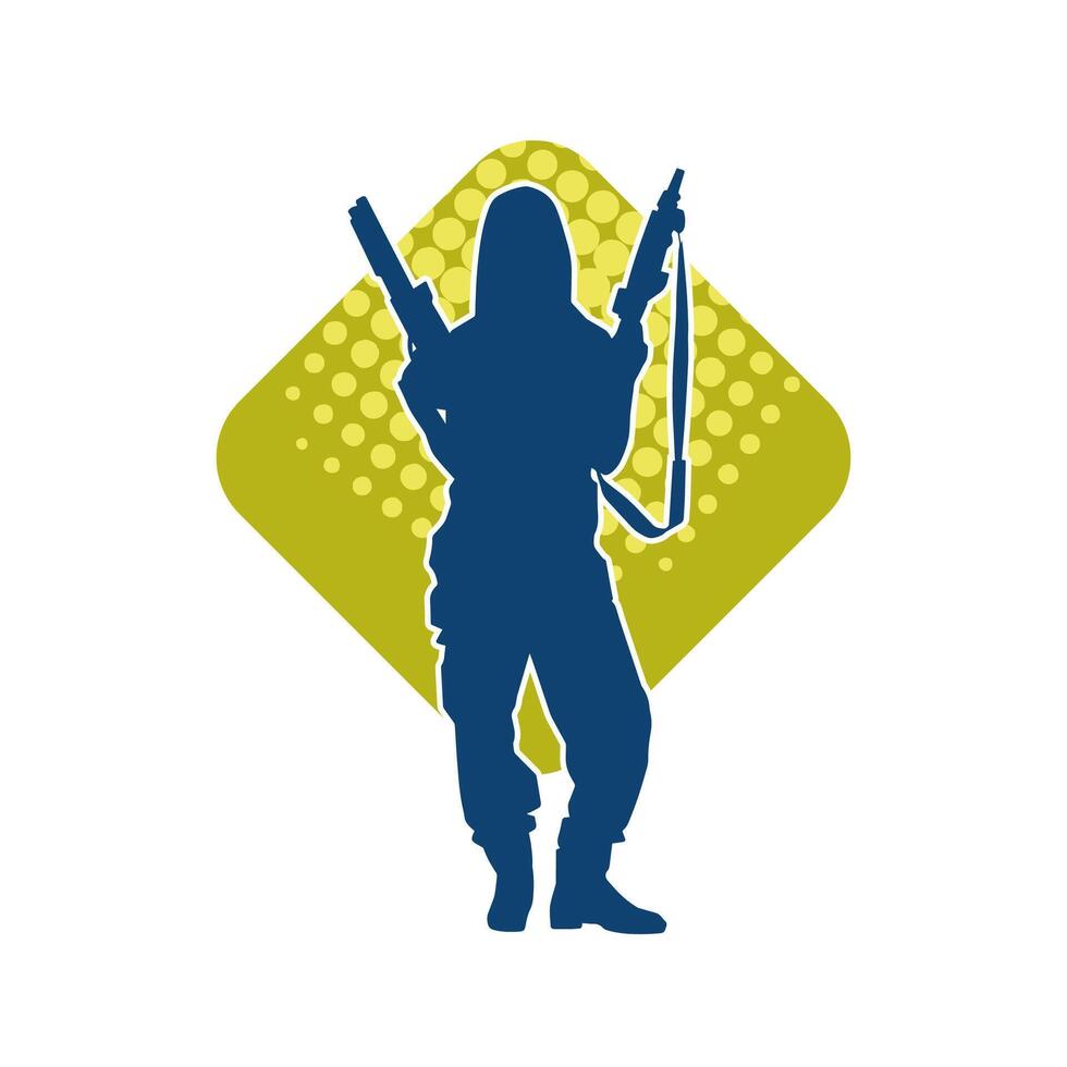 Silhouette of a female soldier carrying machine gun weapon. vector