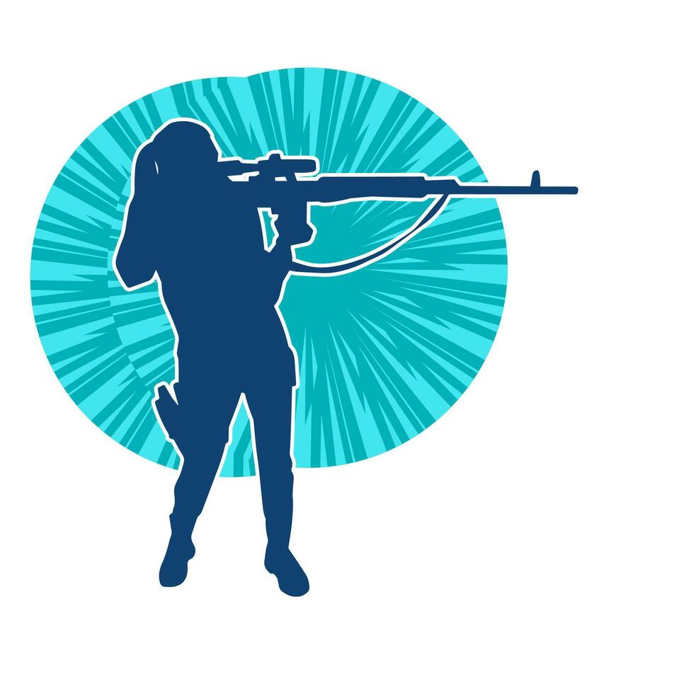 Silhouette of a female shooter firing with sniper long barrel rifle gun weapon vector