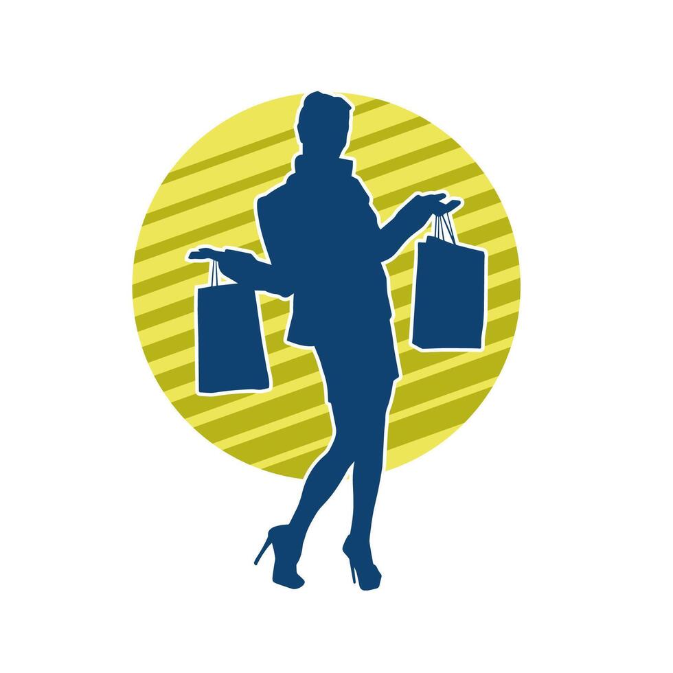 Silhouette of a slim young woman carrying shopping bags. vector