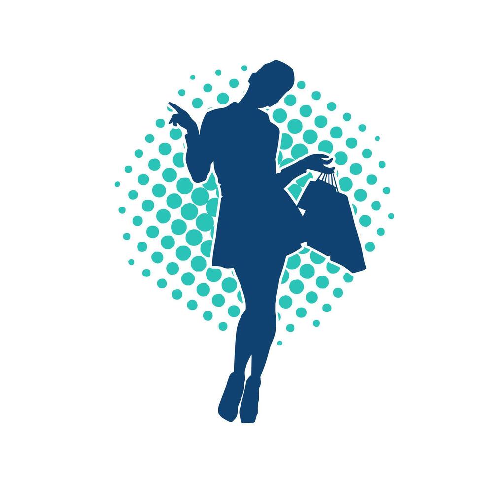 Silhouette of a slim young woman carrying shopping bags. vector