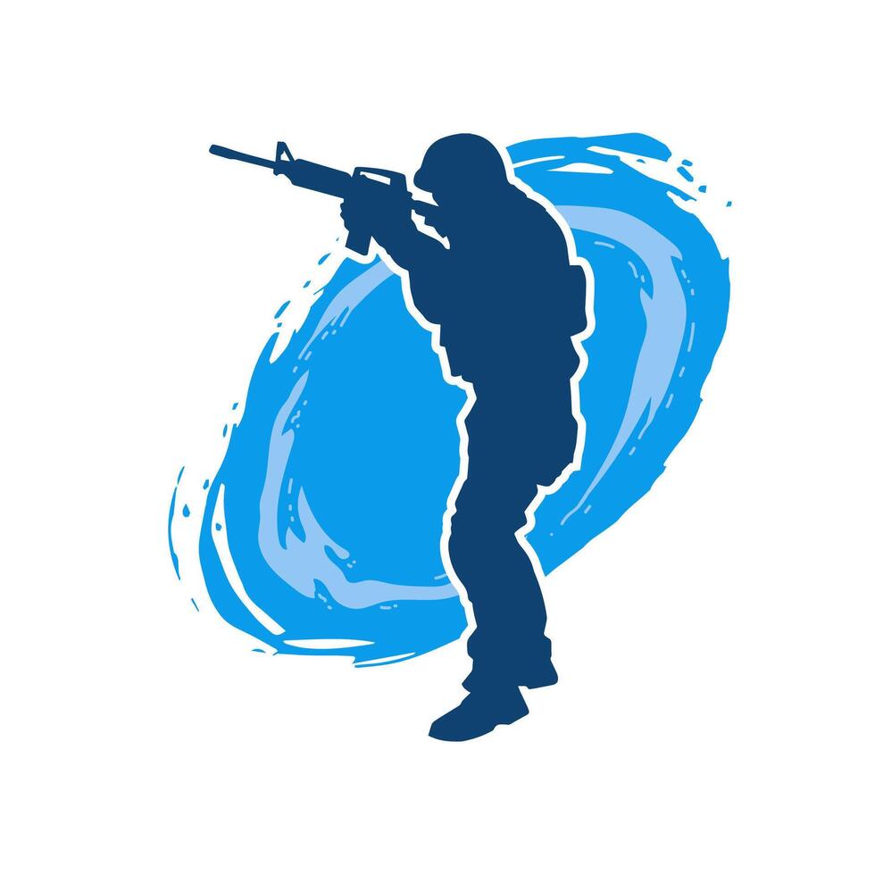 Silhouette of a male soldier carrying machine gun weapon. Silhouette of a sniper shooter in action. vector