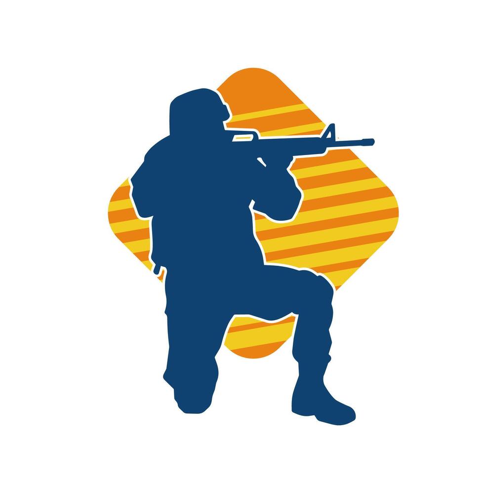 Silhouette of a male soldier carrying machine gun weapon. vector