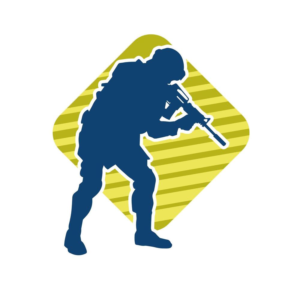 Silhouette of a male soldier carrying machine gun weapon. Silhouette of a sniper shooter in action. vector