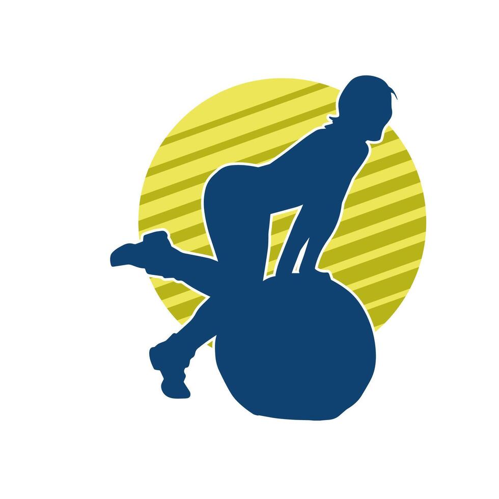 silueta de un Delgado deportivo mujer haciendo pilates ejercicio utilizando gimnasio pelota. silueta de un deportivo hembra haciendo físico ejercicio utilizando aptitud pelota. vector