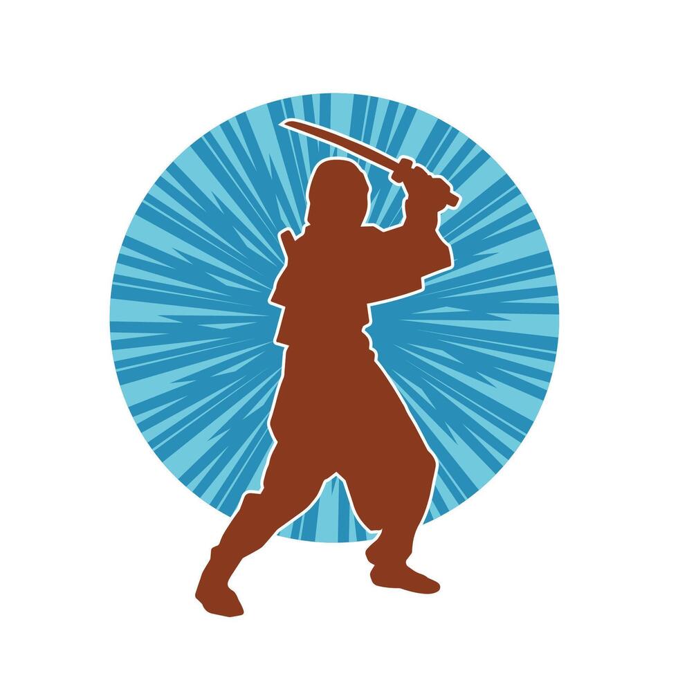 Silhouette of a male fighter in martial art costume carrying katana sword weapon. vector