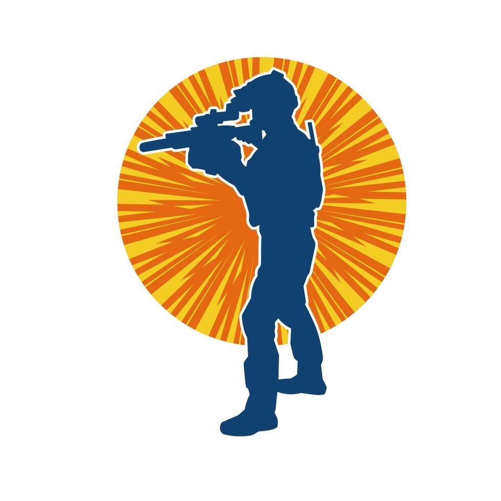 Silhouette of a male soldier carrying machine gun weapon. vector