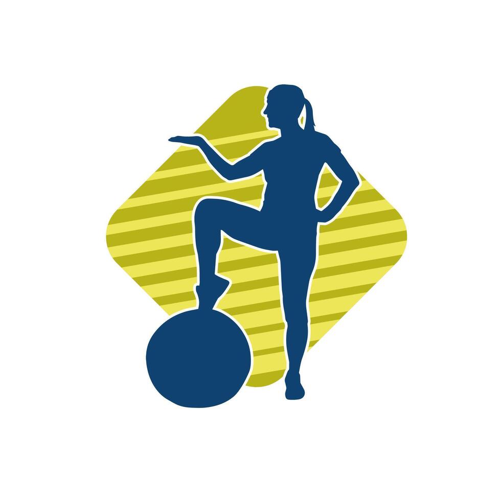 silueta de un Delgado deportivo mujer haciendo pilates ejercicio utilizando gimnasio pelota. silueta de un deportivo hembra haciendo físico ejercicio utilizando aptitud pelota. vector