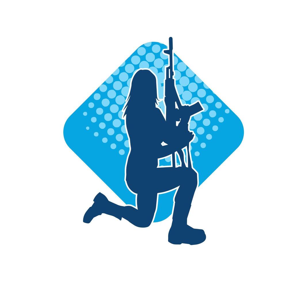 Silhouette of a female soldier carrying machine gun weapon. vector