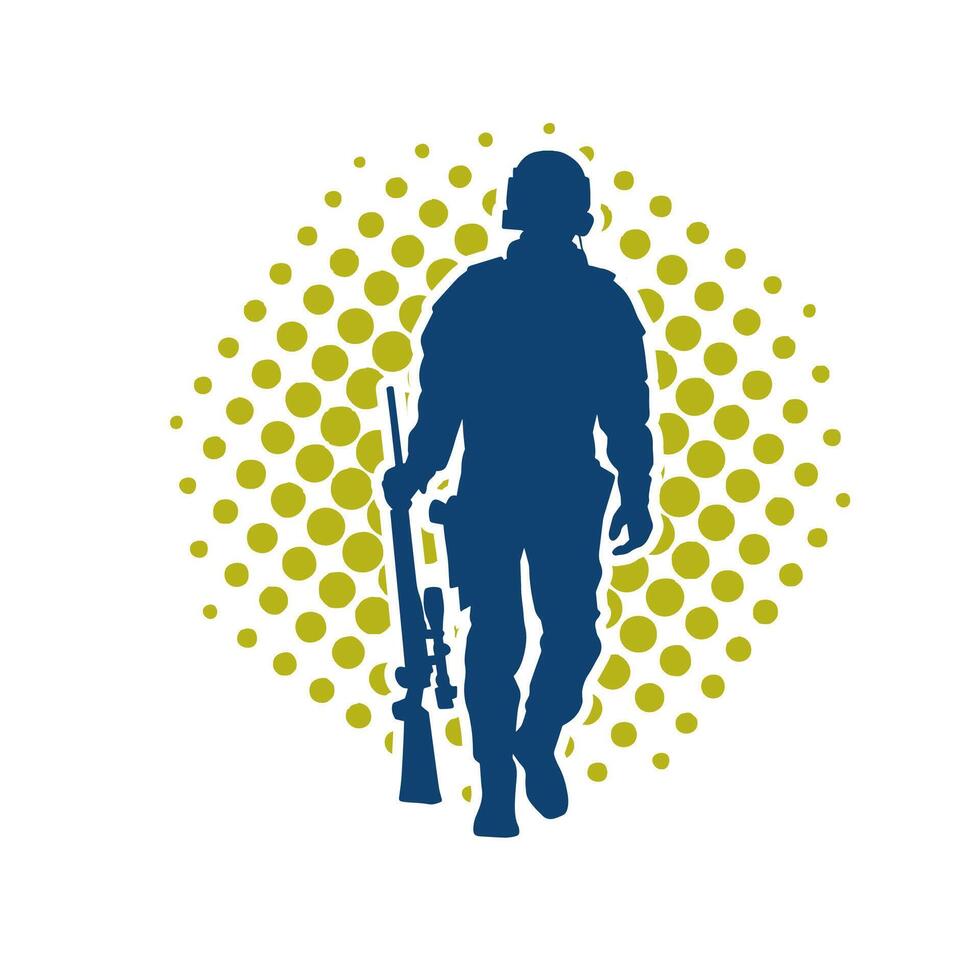 Silhouette of a male soldier carrying machine gun weapon. vector