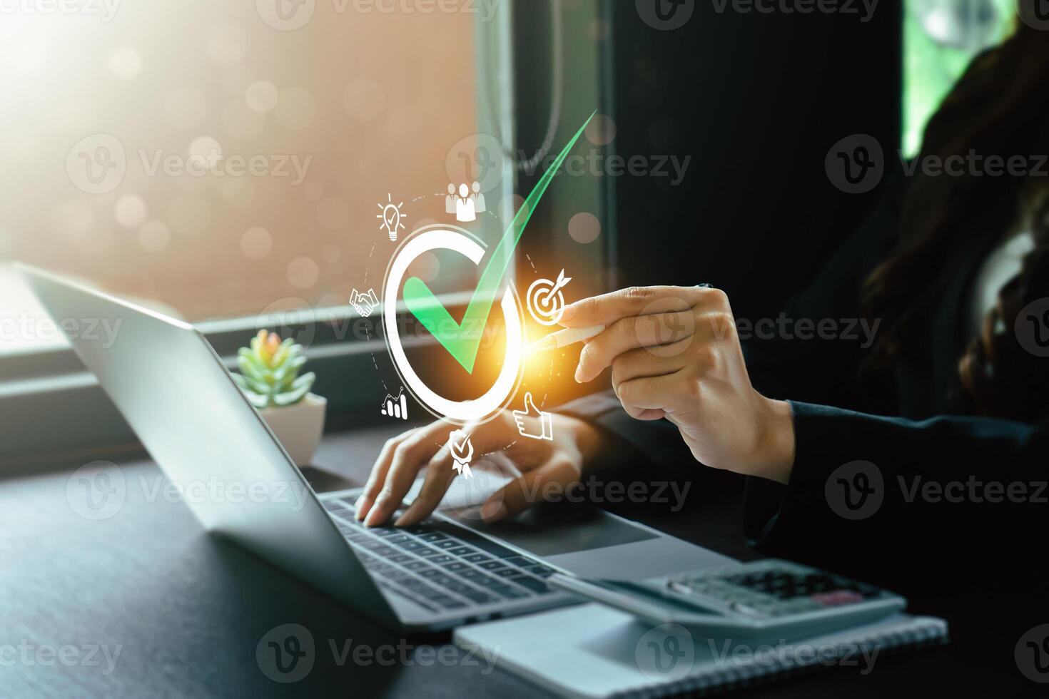 Business performance checklist, businessman using laptop doing online checklist survey, evaluation, online survey, digital form checklist, document control checklist, online survey photo