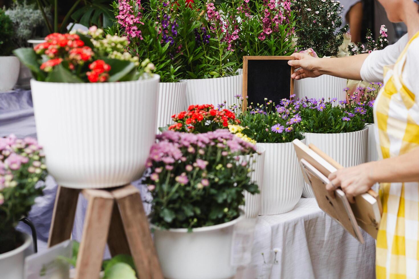 Woman gardener holding signing board at plants store. photo