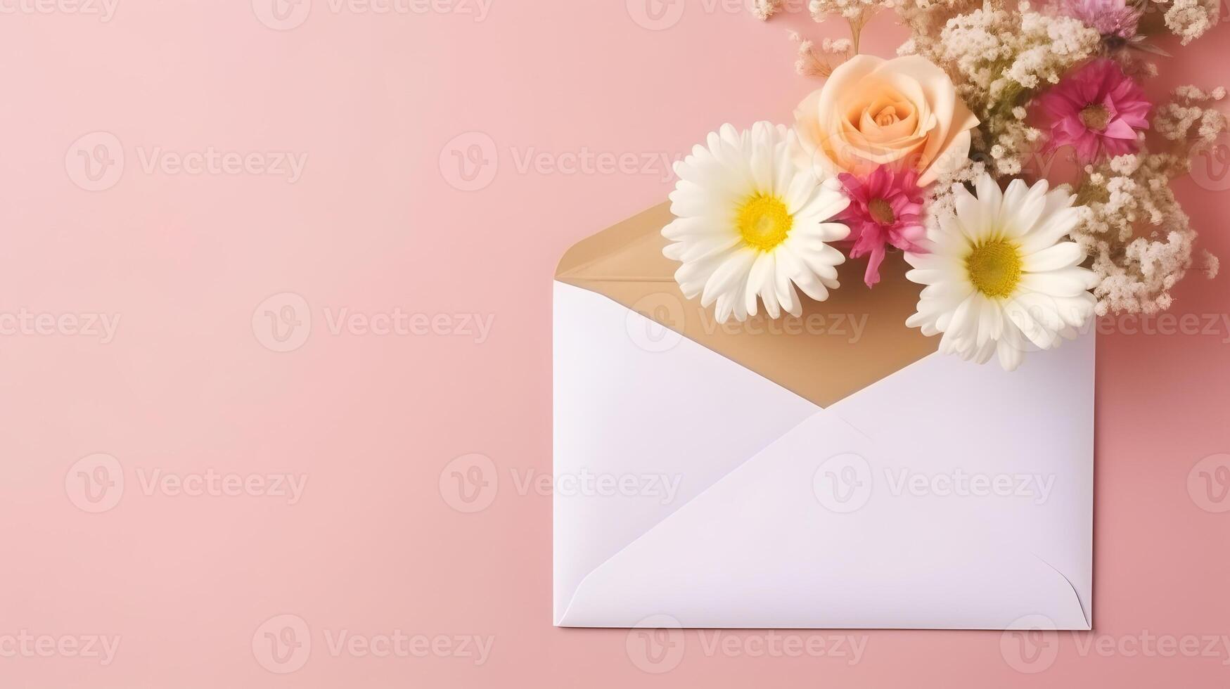 AI generated Envelope with spring flowers and copy space photo