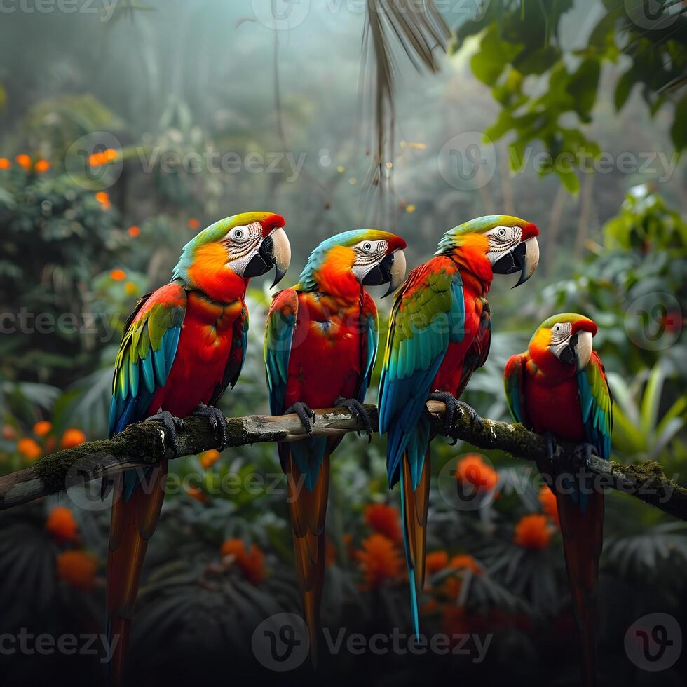 AI generated Macaw parrot birds on a branch of tree in the jungle photo