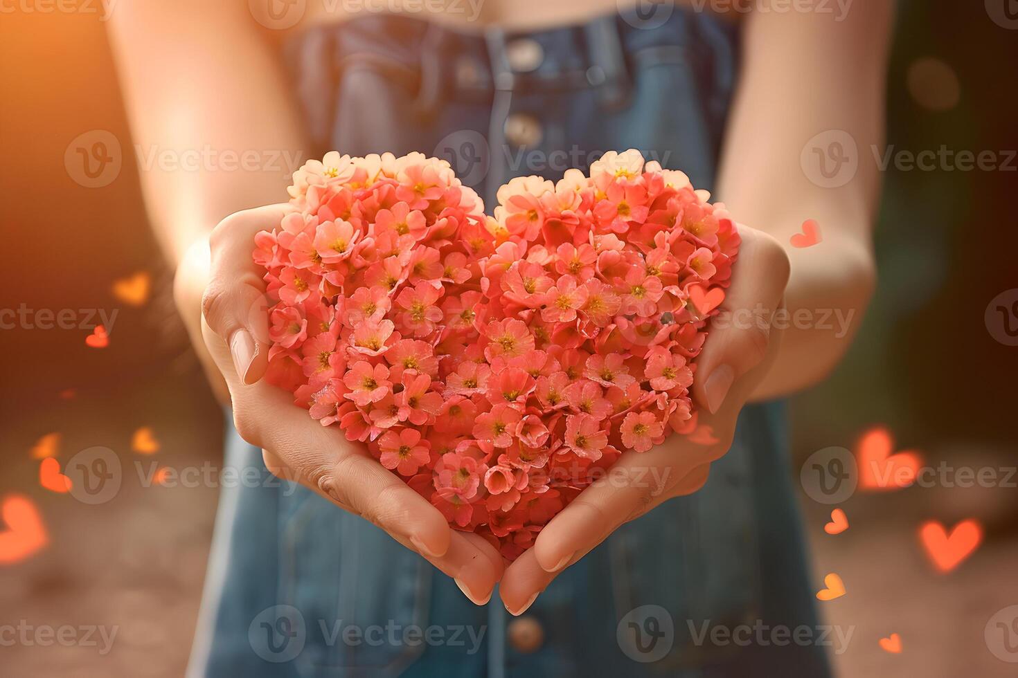 AI generated Heart shaped flowers in hands of a woman photo