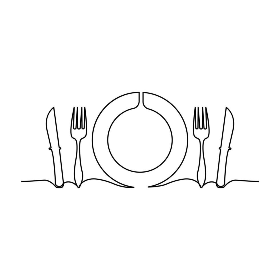 Continuous one-line hand-drawn spoon, fork, steak knife, and utensil plate vector art outline decorative illustration.