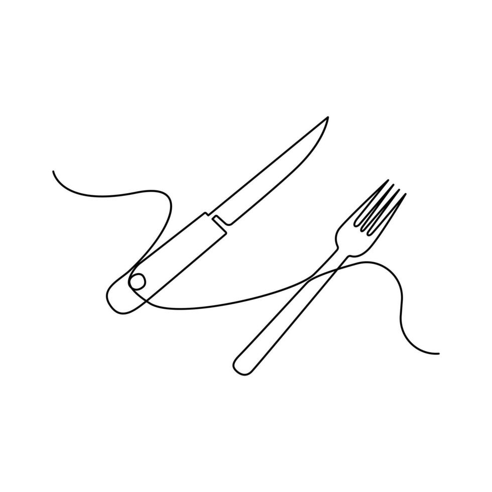 Continuous one-line hand-drawn spoon, fork, steak knife, and utensil plate vector art outline decorative illustration.