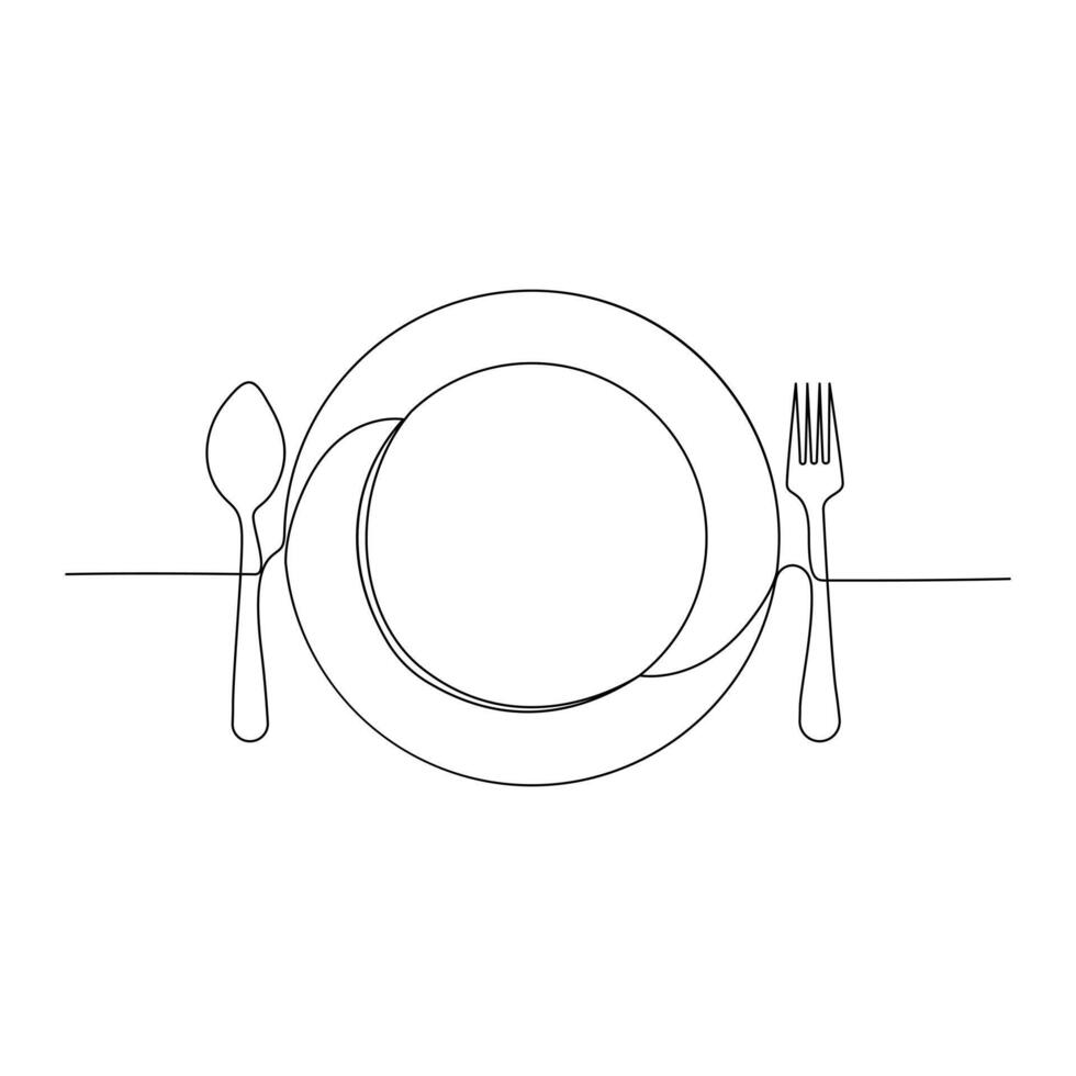 continuo una línea dibujado a mano cuchara, tenedor, filete cuchillo, y utensilio plato vector Arte contorno decorativo ilustración.