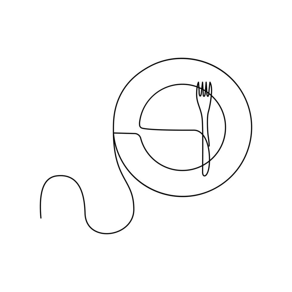 Continuous one-line hand-drawn spoon, fork, steak knife, and utensil plate vector art outline decorative illustration.