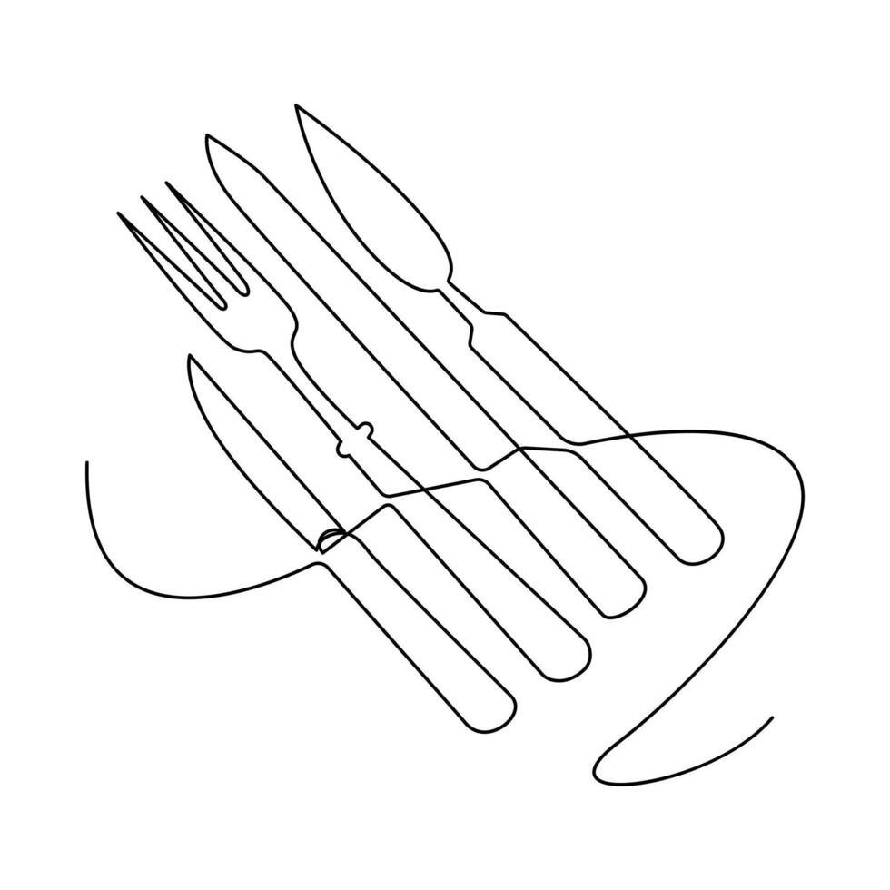 Continuous one-line hand-drawn spoon, fork, steak knife, and utensil plate vector art outline decorative illustration.