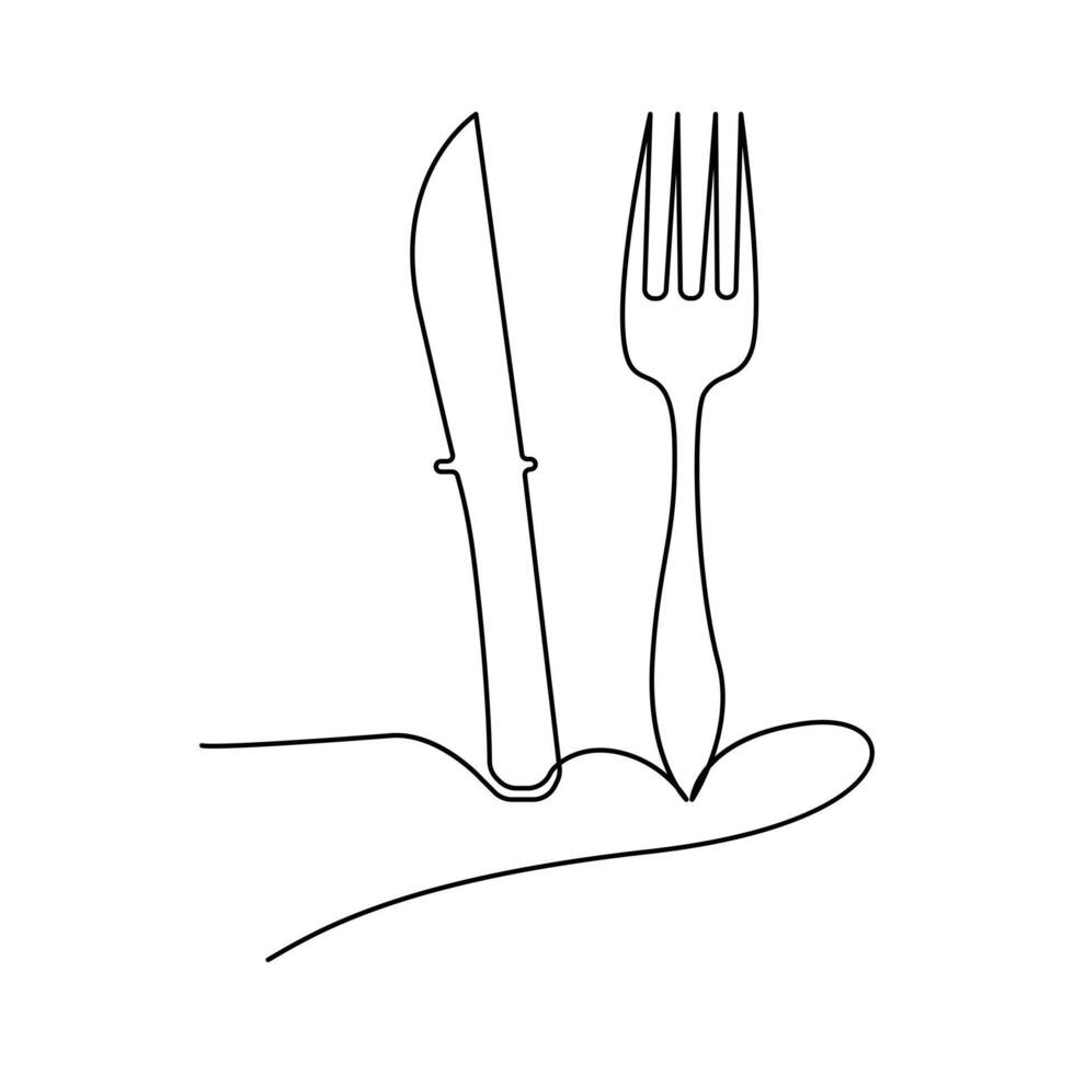 continuo una línea dibujado a mano cuchara, tenedor, filete cuchillo, y utensilio plato vector Arte contorno decorativo ilustración.