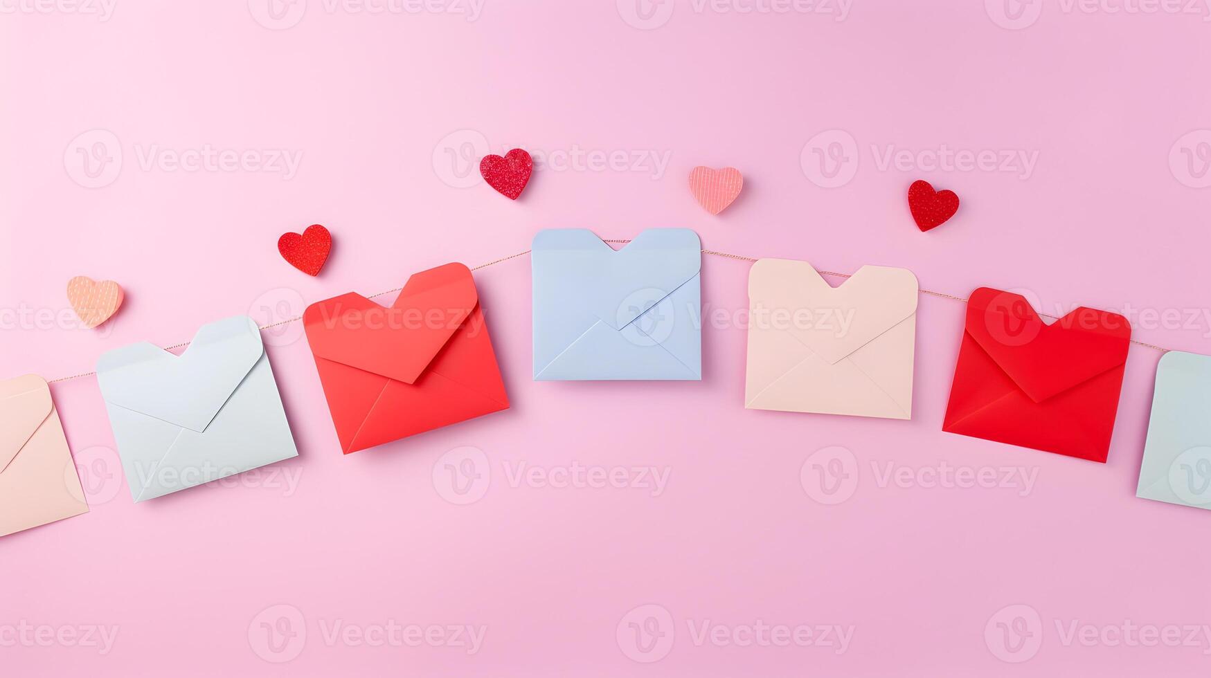 AI generated Craft envelopes and heart hanging from string. Romantic love letters photo