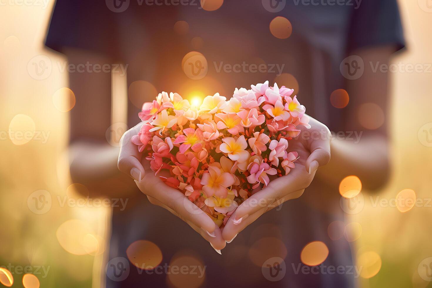 AI generated Heart shaped flowers in hands of a woman photo