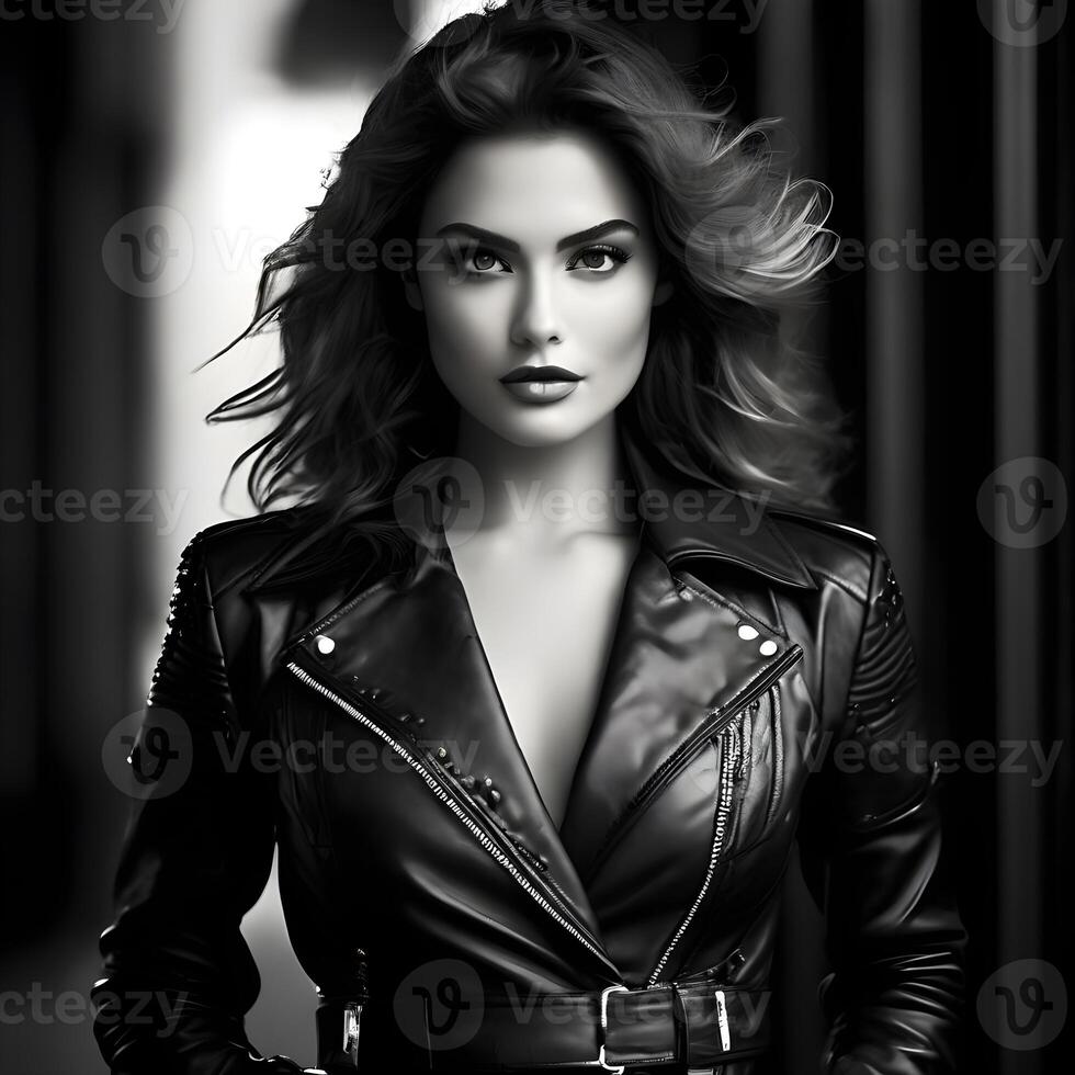 AI generated Black and white photo of a beautiful confident and modern woman sitting in a big open window in an old building looking outside. Generative AI