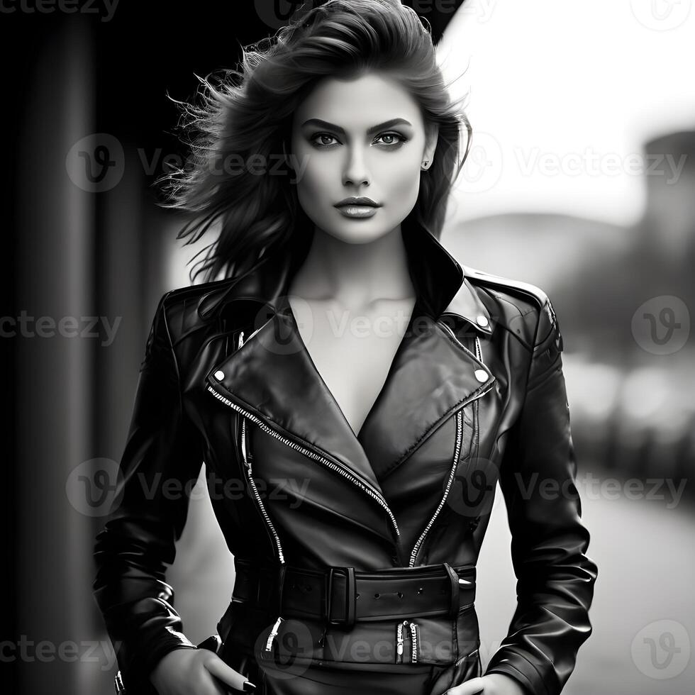 AI generated Black and white photo of a beautiful confident and modern woman sitting in a big open window in an old building looking outside. Generative AI