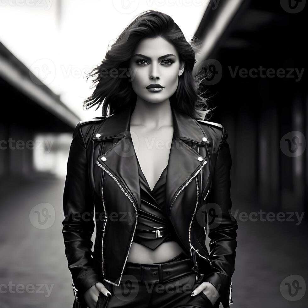AI generated Black and white photo of a beautiful confident and modern woman sitting in a big open window in an old building looking outside. Generative AI