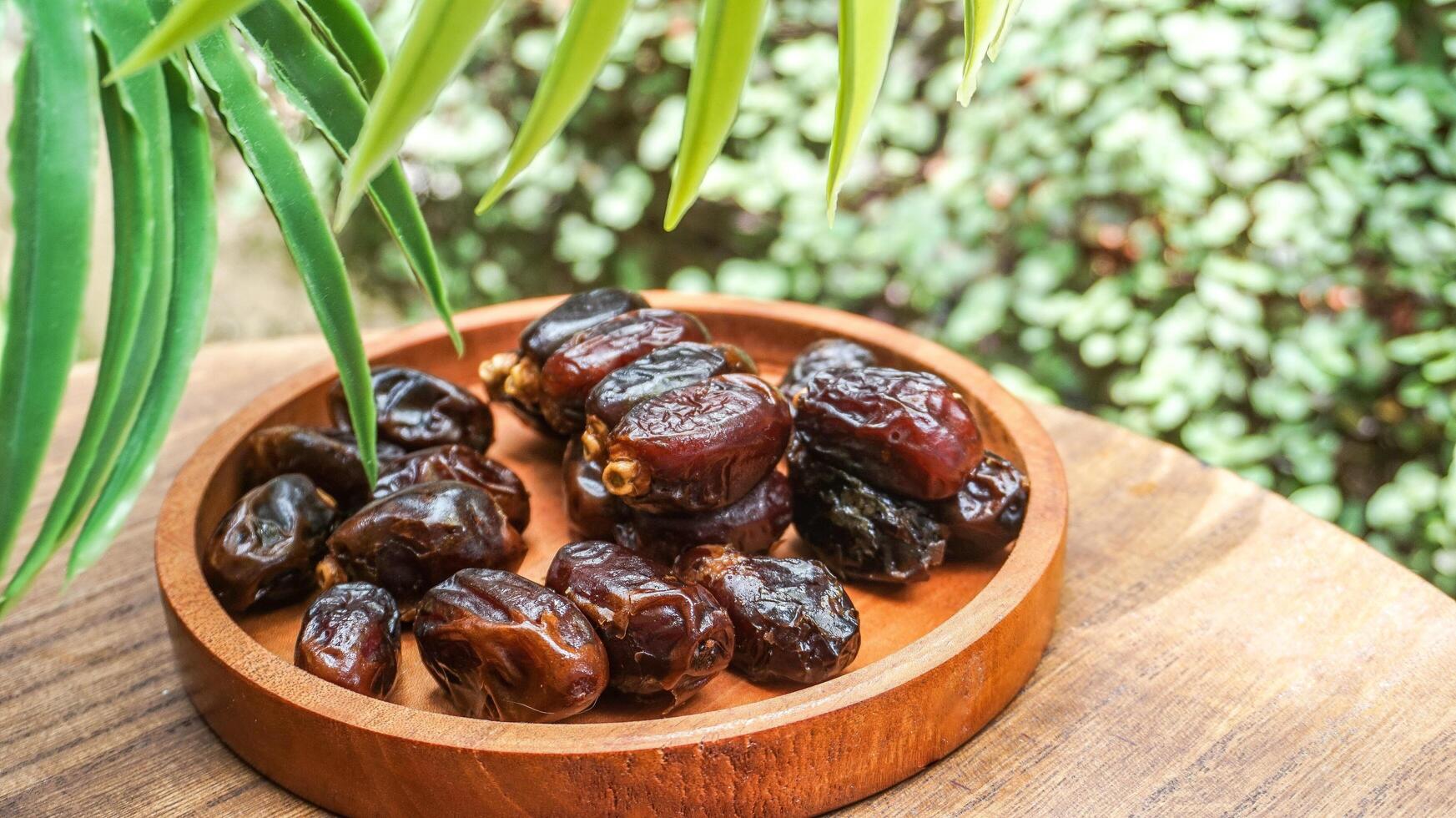 closeup sweet dried date palm fruits or kurma, ramadan food photo