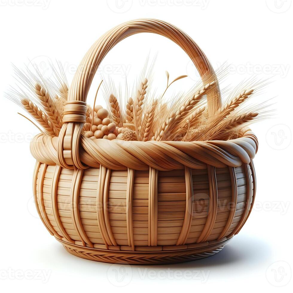 AI generated Wooden basket containing wild grass flowers of matching colors isolated on white background photo