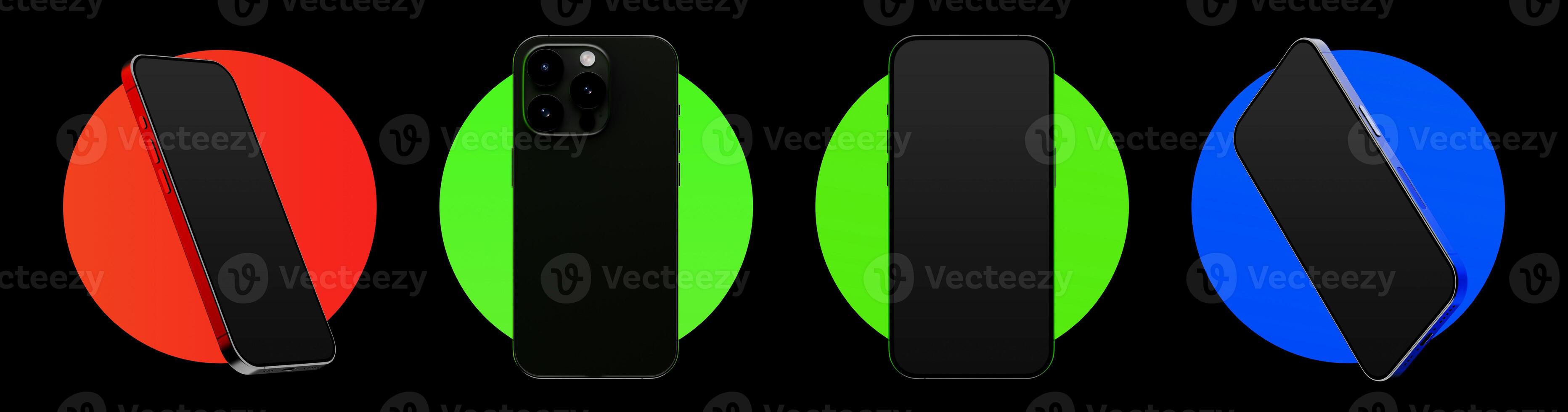 Dark smartphone mockup set in various angle and accent color backdrop photo