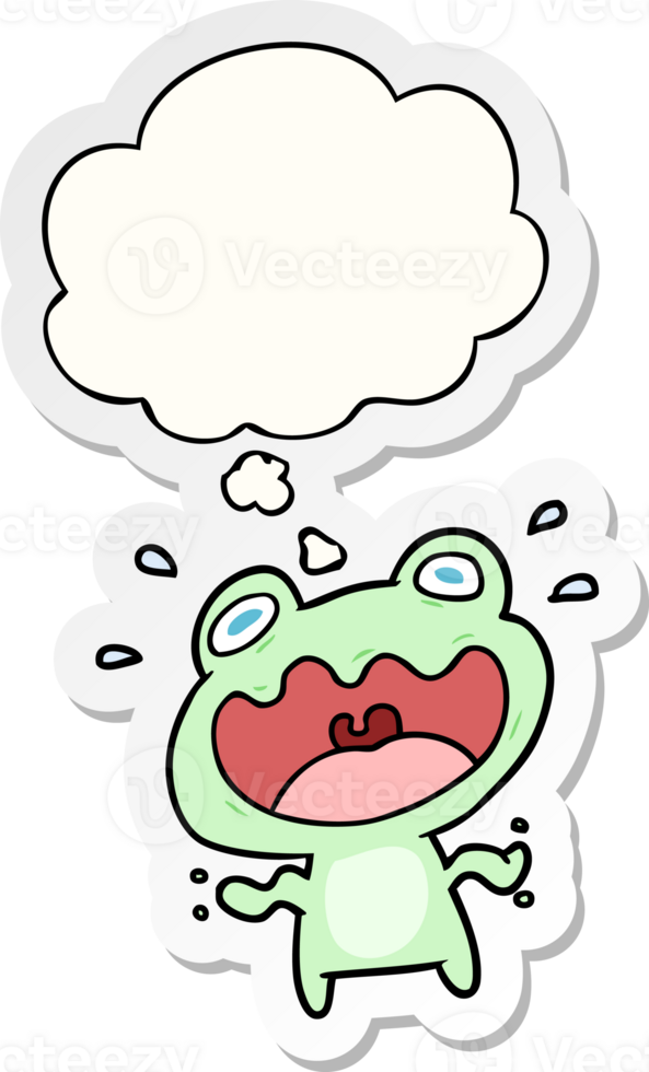 cartoon frog frightened with thought bubble as a printed sticker png