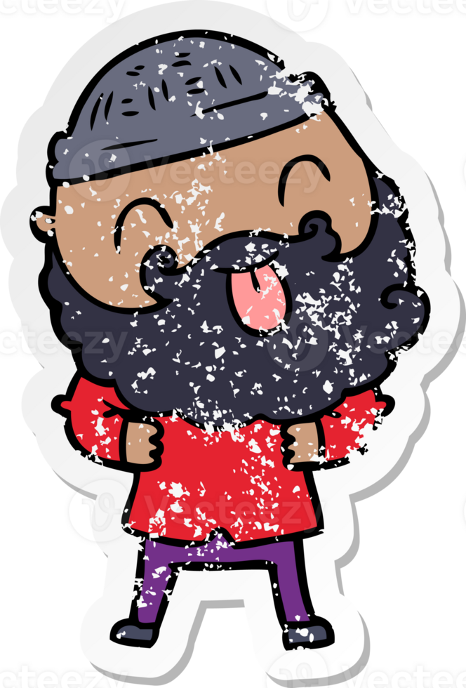 distressed sticker of a man with beard sticking out tongue png