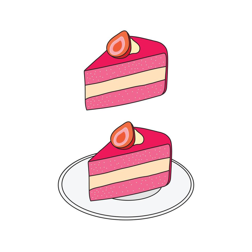 Kids drawing Cartoon Vector illustration cake slice witch cream and strawberry icon Isolated on White Background