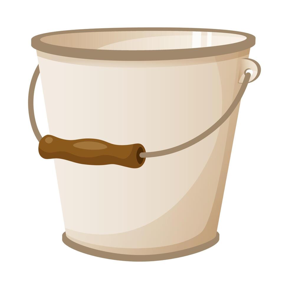 Cartoon metal bucket with wooden handle for gardening, home cleaning, agriculture. Garden tools. Clipart bucket on a white background, for an element of stickers, for cards vector