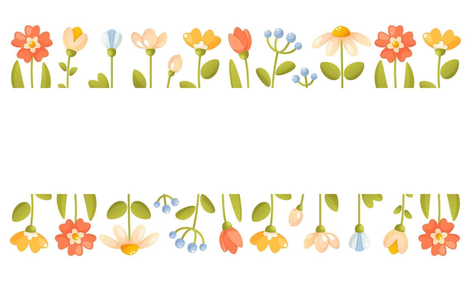 Vector illustration of a floral horizontal frame, border of flowers at the bottom and top. Summer spring flowers and green leaves. Mother's day, love day, wedding, for cards and invitations
