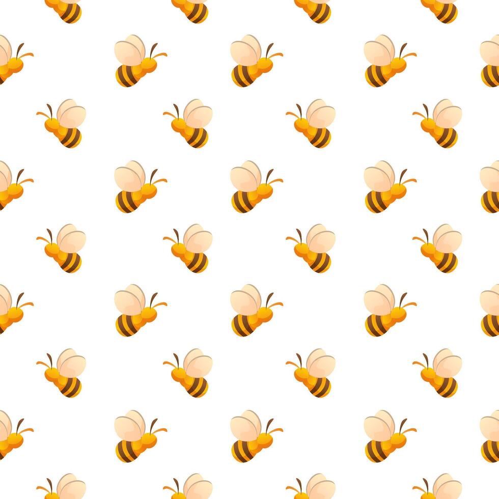 Seamless vector background with a repeating pattern of a flying bee on a white background. Yellow striped bumblebee, wasp. Suitable for wrapping paper, wallpaper, textiles.